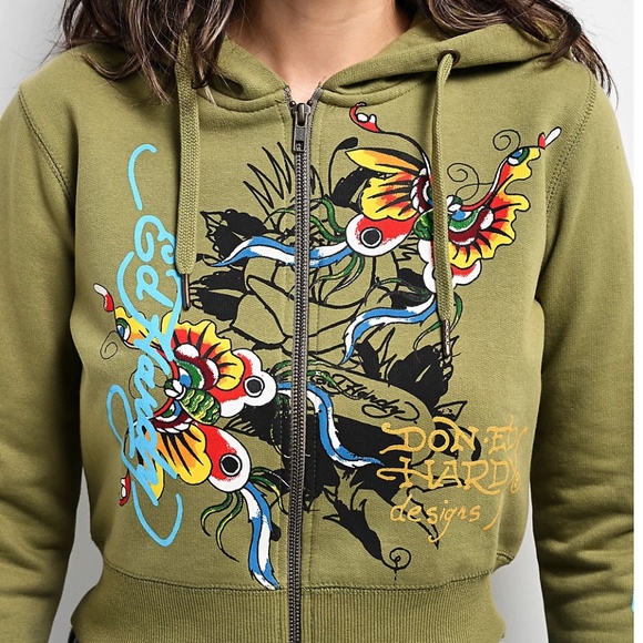 Ed Hardy Jackets & Blazers - Ed Hardy Butterflies Y2K Olive Crop Zip Hoodie Brand New with Tags Size Small